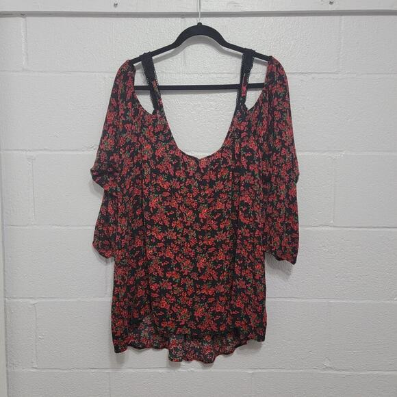 Torrid Cold Shoulder Peasant Top 3X 90s Y2K Red Floral 22/24 759 - Picture 3 of 11